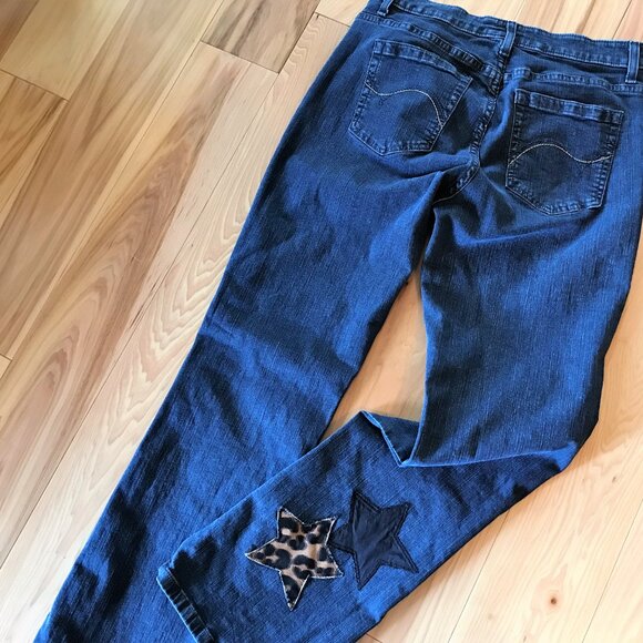 Patchwork Jeans, Size 12 Short: Boho Hippie Pants, Leopard Print Stars - Picture 10 of 14